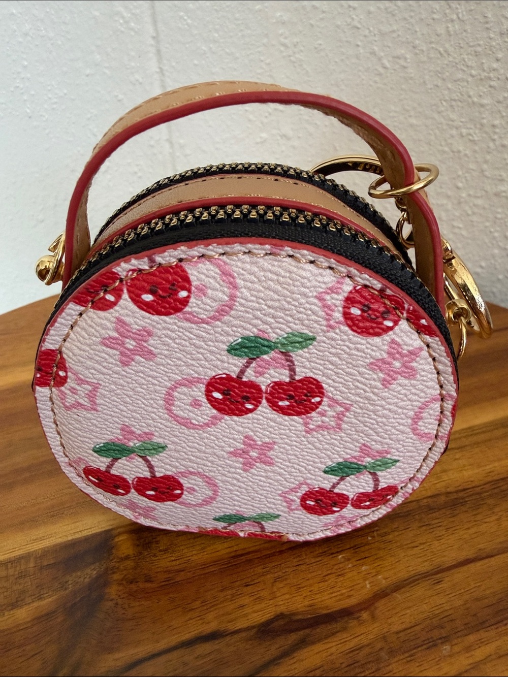 Round Cherry Print Mini Bag w/Chain or Key Chain White/Red